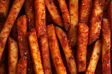Close-up of spicy seasoned French fries with crispy texture and golden brown color