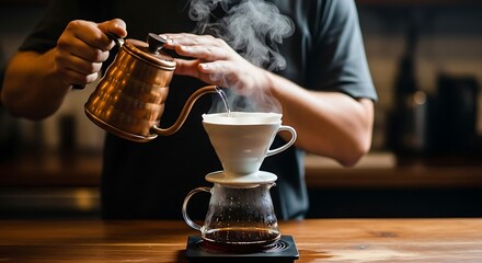 Barista's morning craft, carefully preparing specialty pour-over coffee with a gooseneck kettle.