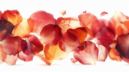 Many rose petals in warm, red/orange tones with a white background form a horizontal line