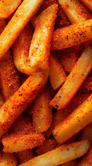 Close-up of spicy seasoned French fries with crispy texture and golden brown color