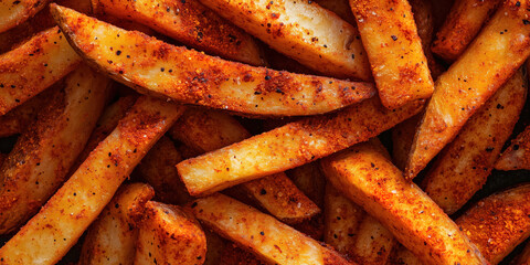 Close-up of spicy seasoned French fries with crispy texture and golden brown color