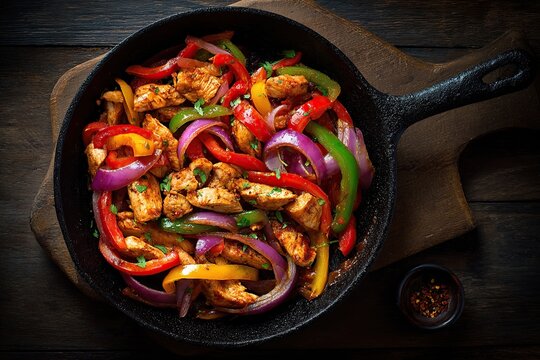 Colorful chicken fajitas in a cast iron skillet