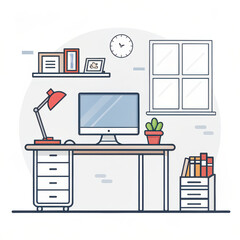 Flat vector illustration of a modern home office desk with computer and lamp