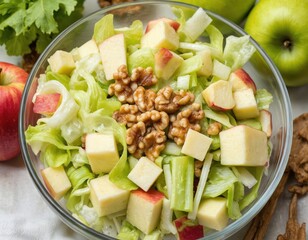 Fresh apple, celery salad on wooden tablecloth. Large bowl filled with crunchy vegetables, fruits, vibrant colors of apple, celery, carrot, parsley. Healthy raw food, fresh ingredients, organic,