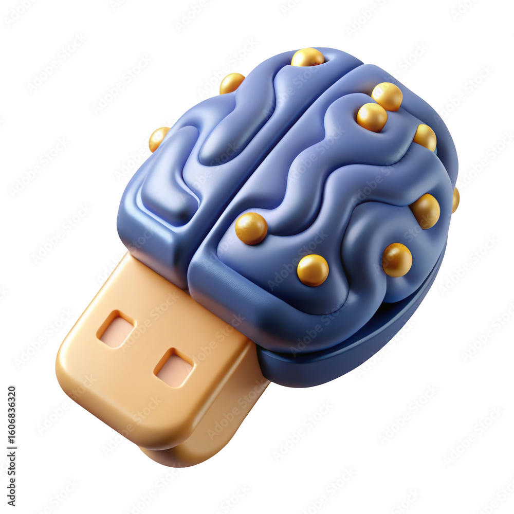 Poster data storage brain concept representing memory and knowledge combined with computer technology usb d