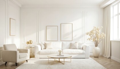 Fototapeta premium Luxurious modern living room interior design. Pristine white sofa on gray rug in center. Two gold chairs, small white table with gold lamp. Two identical gold vases symmetrically placed on either