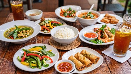 Fototapeta premium Delicious Asian Cuisine Spread Featuring Rice, Fresh Vegetables, Spring Rolls, Shrimp Dishes, Garnishes, and Refreshing Drinks for a Perfect Meal Experience