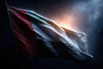 A United Arab Emirates flag waves amidst darkness and sparkling dust highlighted by a warm diffused glow
