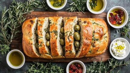 Crusty loaf golden baked bread with Mediterranean olives and herbs on wooden board with accompaniments