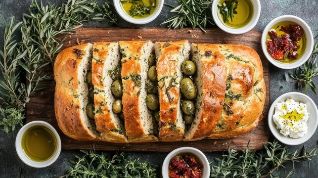Crusty loaf golden baked bread with Mediterranean olives and herbs on wooden board with accompaniments