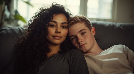 Interracial couple romantic portrait at home young multicultural partners embracing woman curly hair blonde man soft window light