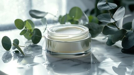 Hydrating face cream in glass jar with eucalyptus leaves and water droplets on marble surface in natural light