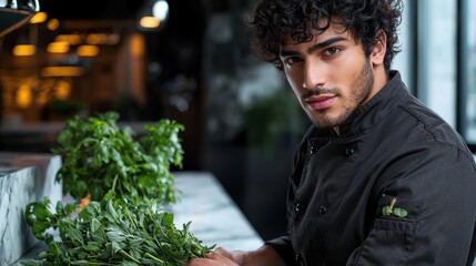 Diverse chefs young Middle Eastern male chef curly dark hair examining fresh herbs professional kitchen black uniform thoughtful expression