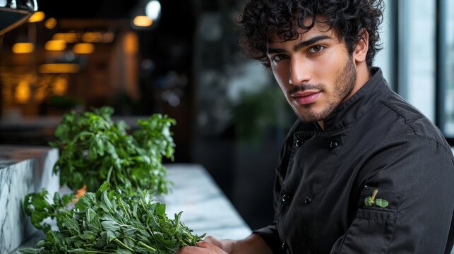 Diverse chefs young Middle Eastern male chef curly dark hair examining fresh herbs professional kitchen black uniform thoughtful expression - Powered by Adobe