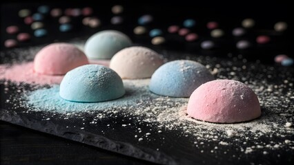 Pastel colored mochi desserts arranged on a dark surface with powdered sugar sprinkled around them