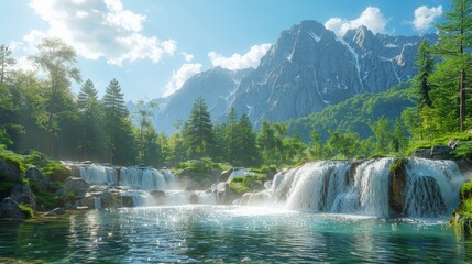 Fototapeta premium Mountain lake cascades into clear water, surrounded by lush trees and a scenic, sunny mountain range