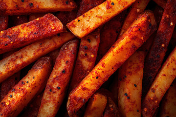 Close-up of spicy seasoned French fries with crispy texture and golden brown color