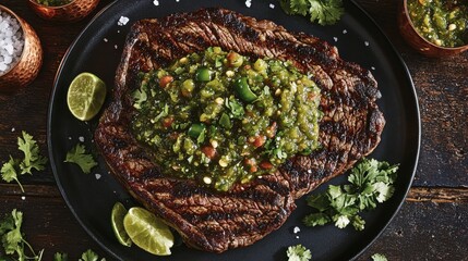 Steak salsa verde perfectly seared beef topped with fresh herb sauce, jalapeГ±os, lime halves, sea salt on rustic wooden table