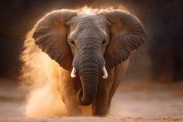 An elephant headon emerges amidst a cloud of dust its tusks gleaming