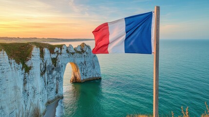Flag France displayed against dramatic backdrop of Г‰tretat's spectacular rock arch and azure ocean during evening golden hour