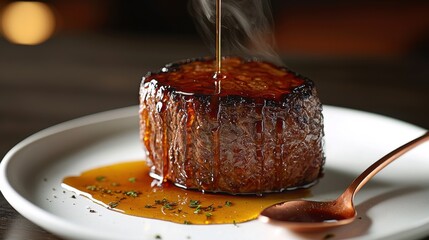 Premium beef steak with bourbon glaze being drizzled from copper spoon on white restaurant plate with amber sauce pooling