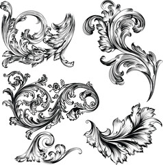 Abstract floral design featuring a vintage black bird and ornate swirl leaf elements