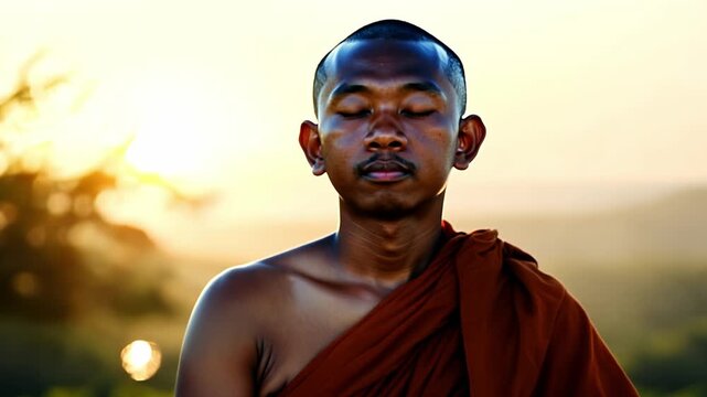 Young buddhist monk meditating at sunset in oran