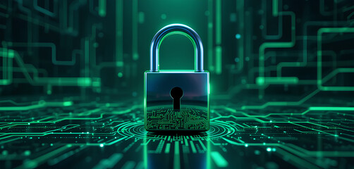 Green Cyber Tech Lock with Artificial Intelligence Digital Security Concept

