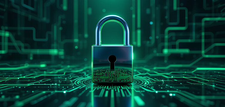 Green Cyber Tech Lock with Artificial Intelligence Digital Security Concept


