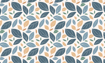 Calm and elegant seamless pattern with hand-drawn botanical leaves, Sophisticated blue and orange floral vector background for home decor