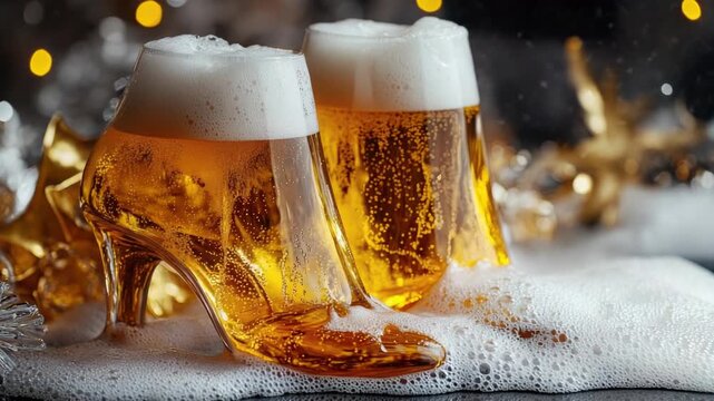 A pair of high heel shoes next to two glasses of beer, suggesting a unique combination