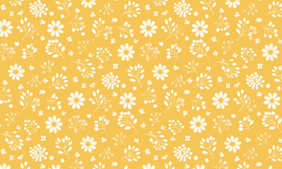 Ditsy floral seamless pattern with white daisies and wildflowers on yellow background