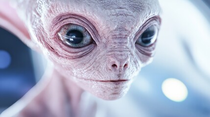 Pale skinned alien with large, expressive eyes gazes intently from the window of a spacecraft, hinting at the mysteries of the universe and the potential for life beyond earth
