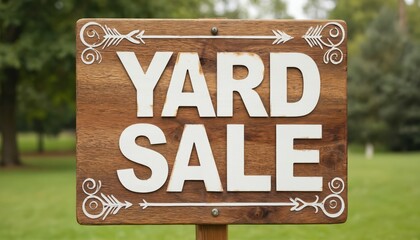 Wooden sign with white border standing on wooden stake in park. YARD sale text in capital letters. Green grass and trees in pleasant outdoor setting. Summer yard sale with directional sign.