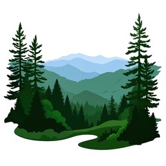 Fototapeta premium Tranquil forest landscape with winding path, trees, bushes, gray rocks, light blue sky, white clouds. Serene and peaceful scenery, inviting exploration, rustic, wilderness, outdoors.
