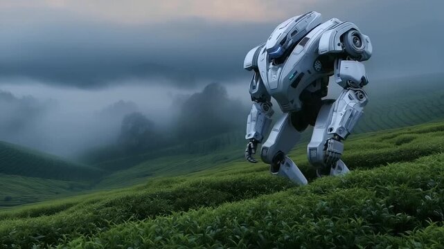 Futuristic robots harvesting tea leaves in misty mountain fields at sunrise, high-tech agriculture, lush green hills robots in agriculture, tea field automation, mountain tea harve