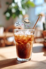 iced coffee drink on wooden table in sunny cafe with cartoon smiley face and speech bubble, cheerful summer refreshment concept