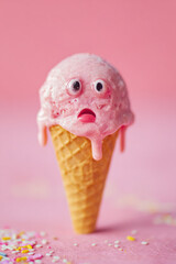 melting pink ice cream cone with expressive cartoon face on pastel painted background, vertical photo illustration fusion concept with surreal emotions and summer dessert character