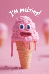 melting pink ice cream cone with expressive cartoon face on pastel painted background, vertical photo illustration fusion concept with surreal emotions and summer dessert character