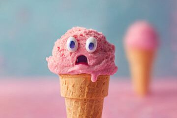 funny pink ice cream cone with surprised cartoon face, creative photo illustration fusion concept for summer, pastel background with copy space, surreal emotional dessert character