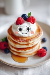 stack of pancakes with smiling cartoon whipped cream face topped with berries and syrup in cozy soft morning light concept of kawaii breakfast food fusion for cute lifestyle visuals