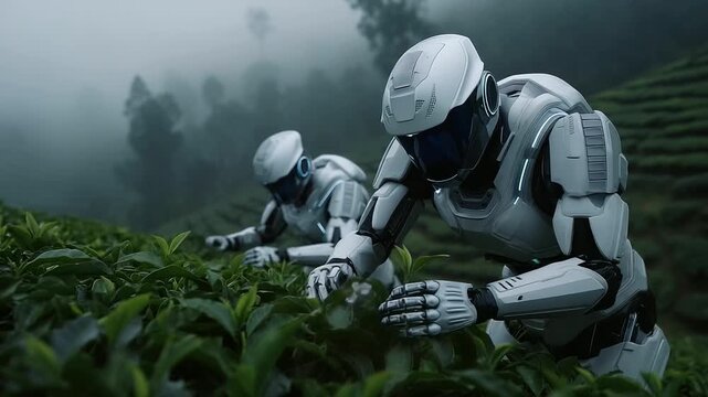Humanoid robots gently picking tea leaves on terraced mountain slopes, early morning fog, traditional meets modern robot tea pickers, smart farming technology, tea plantations