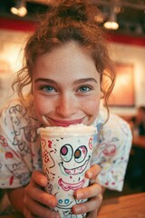 smiling girl holding milkshake cup with colorful doodle illustrations, photo illustration fusion concept for youth creativity, fun cafe moment, looking at camera