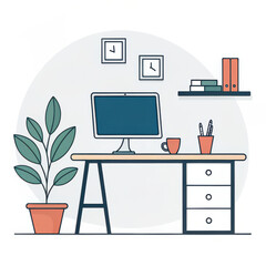 Vector illustration of a professional workspace interior with a computer and supplies