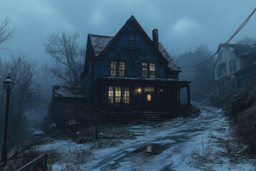 Haunting Stillness Surrounds the Faintly Lit Suburban Home
