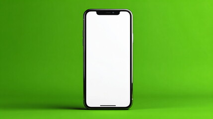 Modern smartphone with blank screen for app mockups. Smart device technology on vibrant green background for digital display.