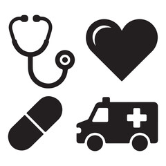 Medical icons stethoscope heart pill and ambulance
