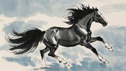 Naklejka premium Charge of Color A black horses is running isolated watercolor vector illustration svg