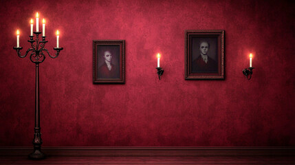 Lit candelabra, framed portraits, and candle sconces against a red wall. Concept of Halloween, gothic, spooky, interior, lighting.