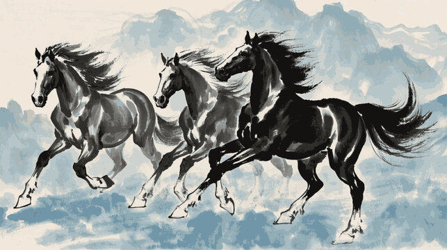 Wild Flow Three black horses is running isolated watercolor vector illustration svg